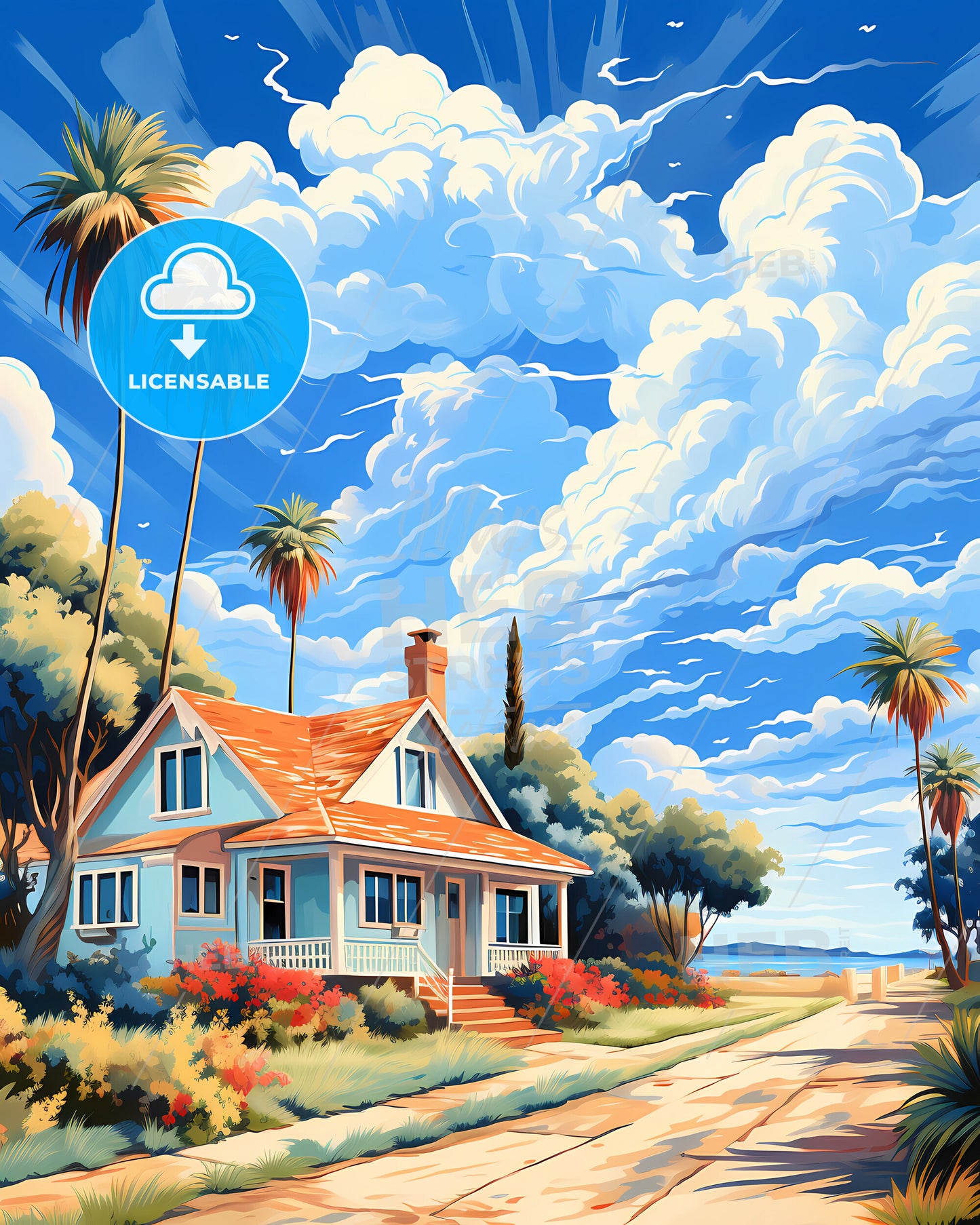 Santa Barbara, California, a house with palm trees and a road