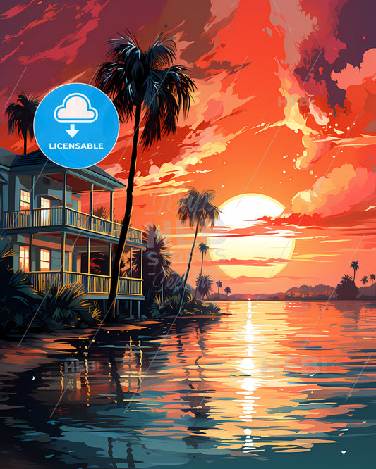 Fort Myers, Florida, a house with palm trees and a sunset