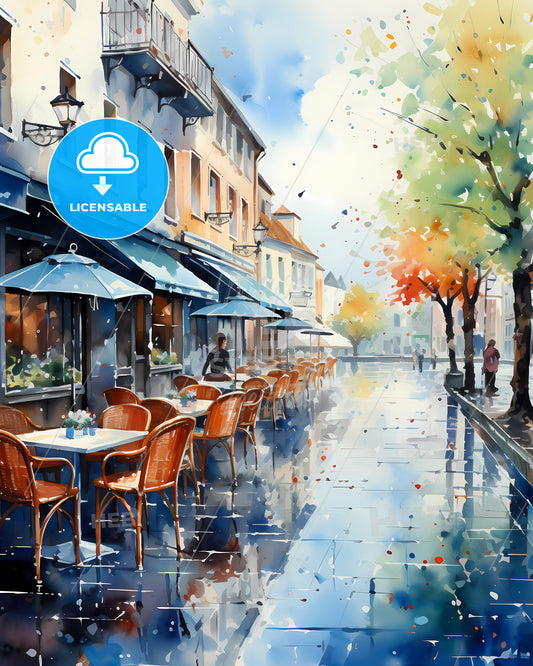 Breda, Netherlands, a watercolor of a street with tables and umbrellas