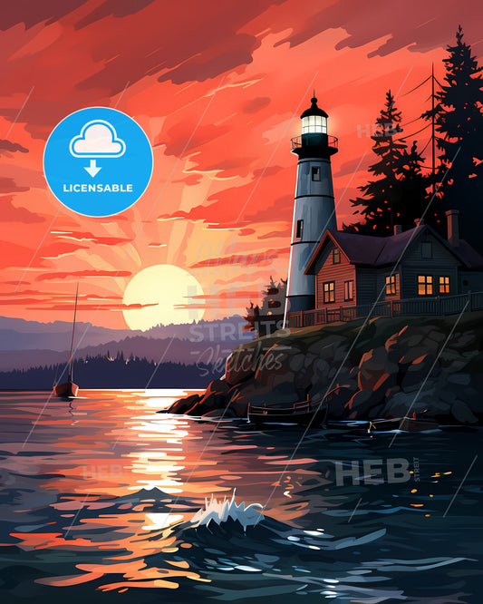 Sammamish, Washington, a lighthouse on a rocky shore with a house and a boat in the distance