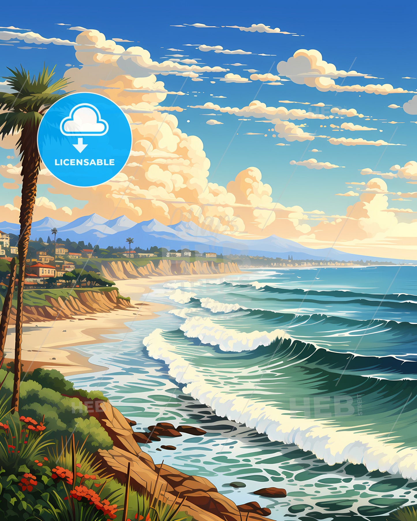 San Clemente, California, a beach with waves and palm trees