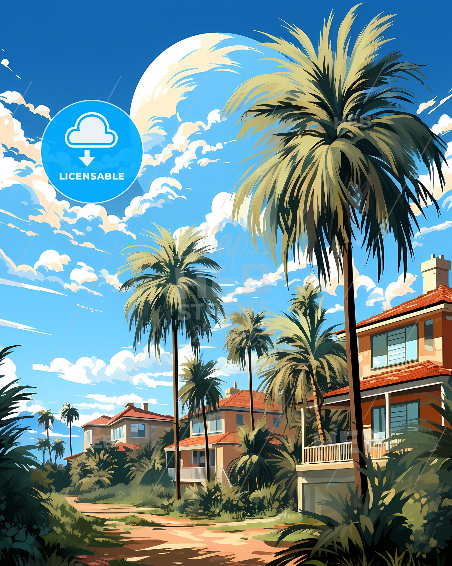 Jupiter, Florida, a palm trees and houses on a sunny day