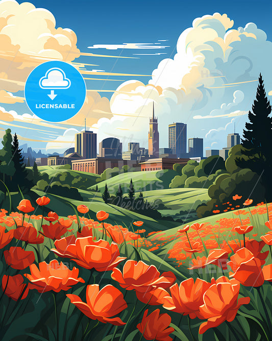 Folsom, California, a field of orange flowers with a city in the background