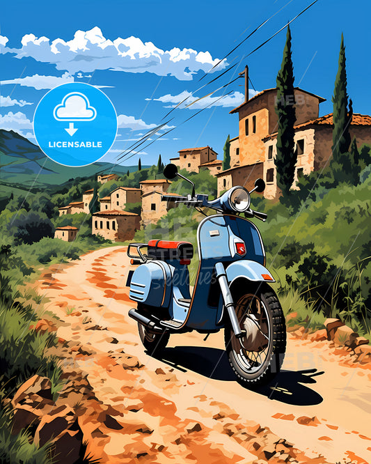 Aprilia, Italy, a blue scooter on a dirt road with buildings in the background