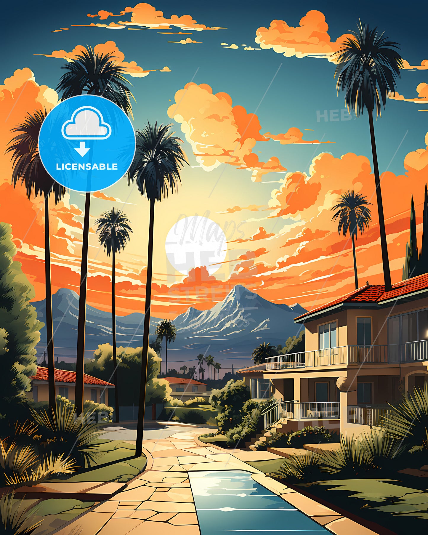 Brentwood, California, a house with palm trees and mountains in the background