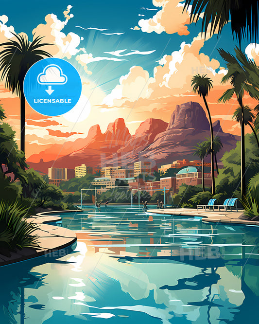 Provo, Utah, a pool with palm trees and buildings in the background