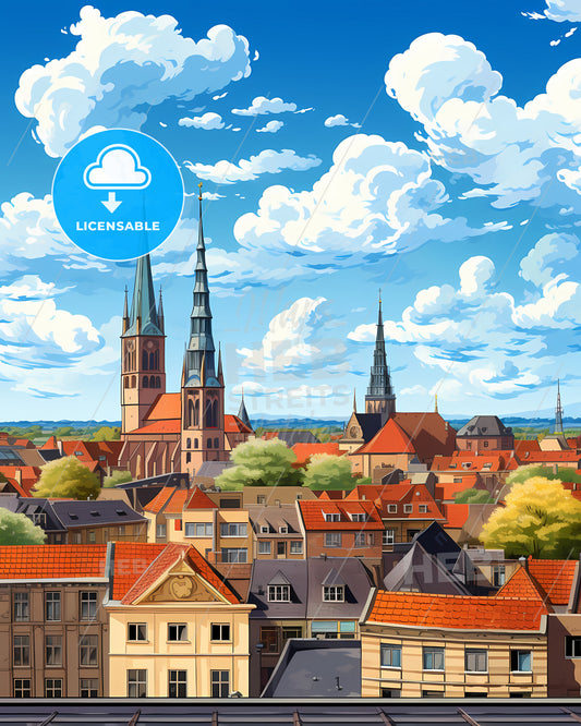 Kerkrade, Netherlands, a city with many towers and buildings