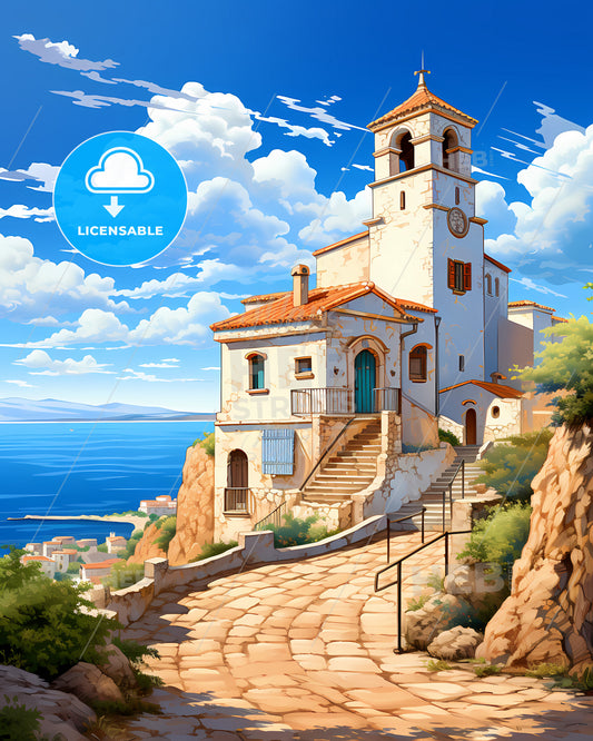 Manfredonia, Italy, a building on a hill with a steeple and a body of water