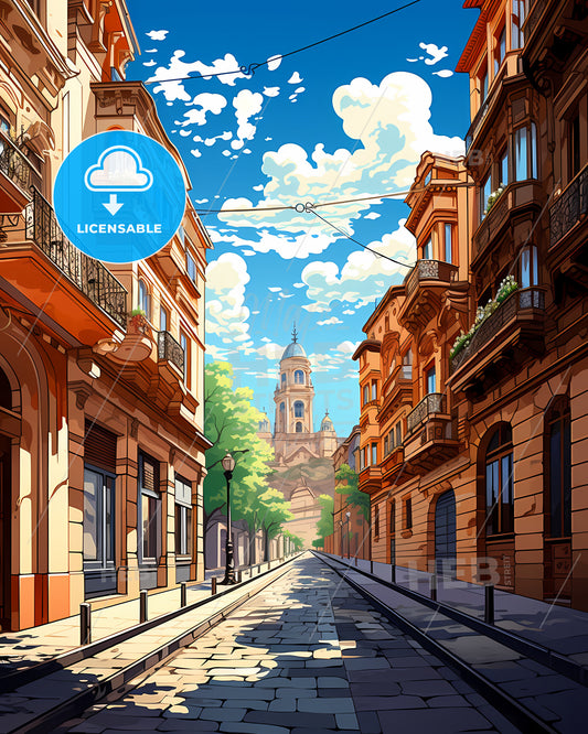 Gijon, Spain, a street with buildings and a tower in the background