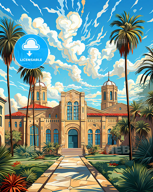Rialto, California, a painting of a building with palm trees
