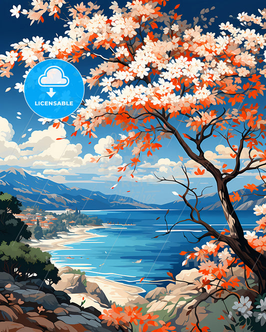 Lake Elsinore, California, a tree with orange and white flowers on a rocky shore