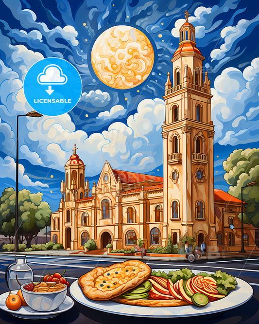 Brentwood, California, a painting of a building with a large tower and a plate of food