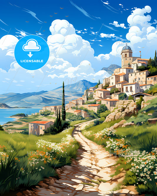 Castellammare Di Stabia, Italy, a painting of a village on a hill with a path and flowers