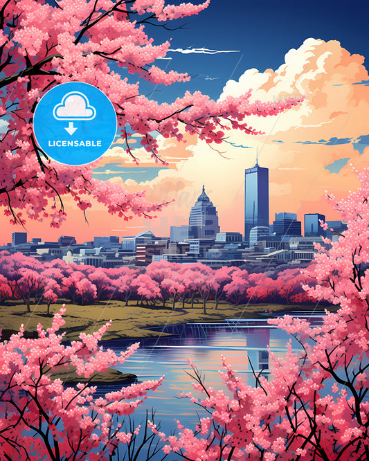 Hartford, Connecticut, a cityscape with pink flowers