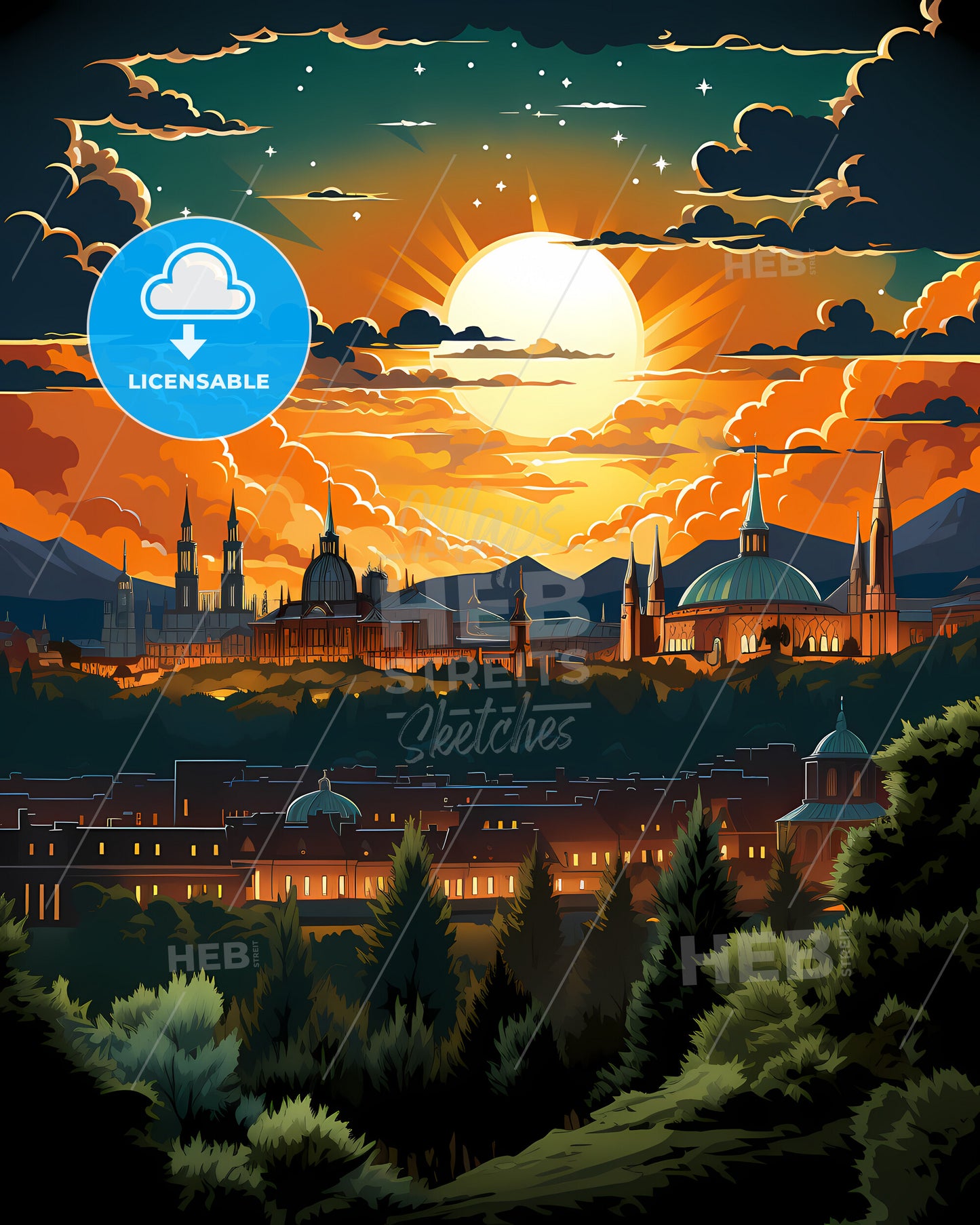 Madrid, Spain, a sunset over a city