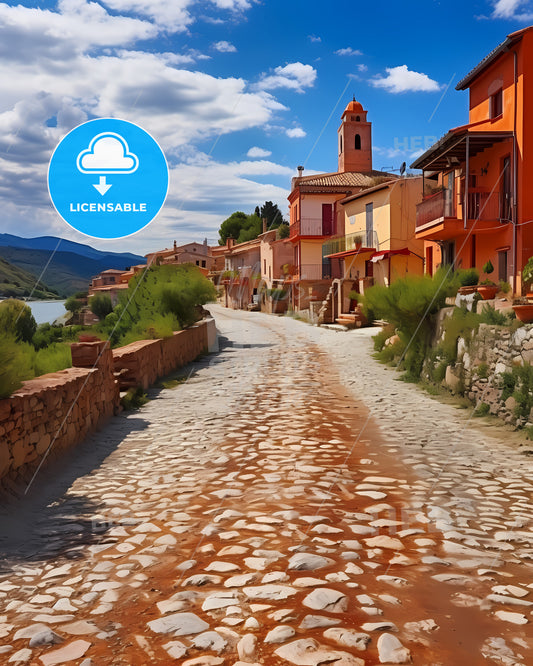Acerra, Italy, a stone road with buildings and trees