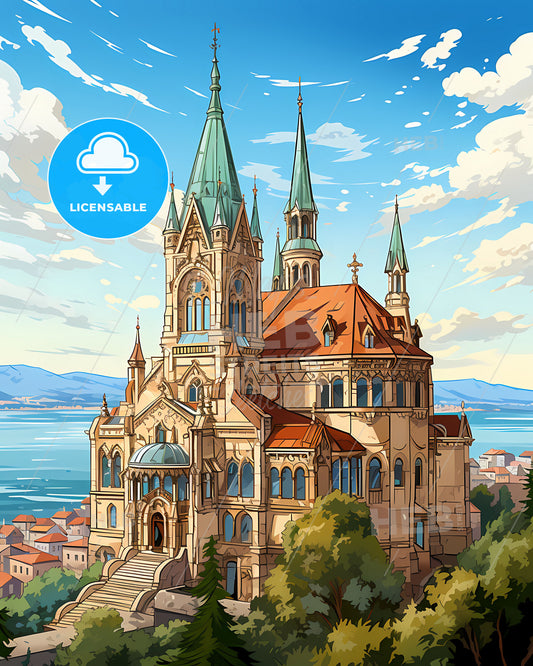 Trieste, Italy, a castle with trees and a body of water