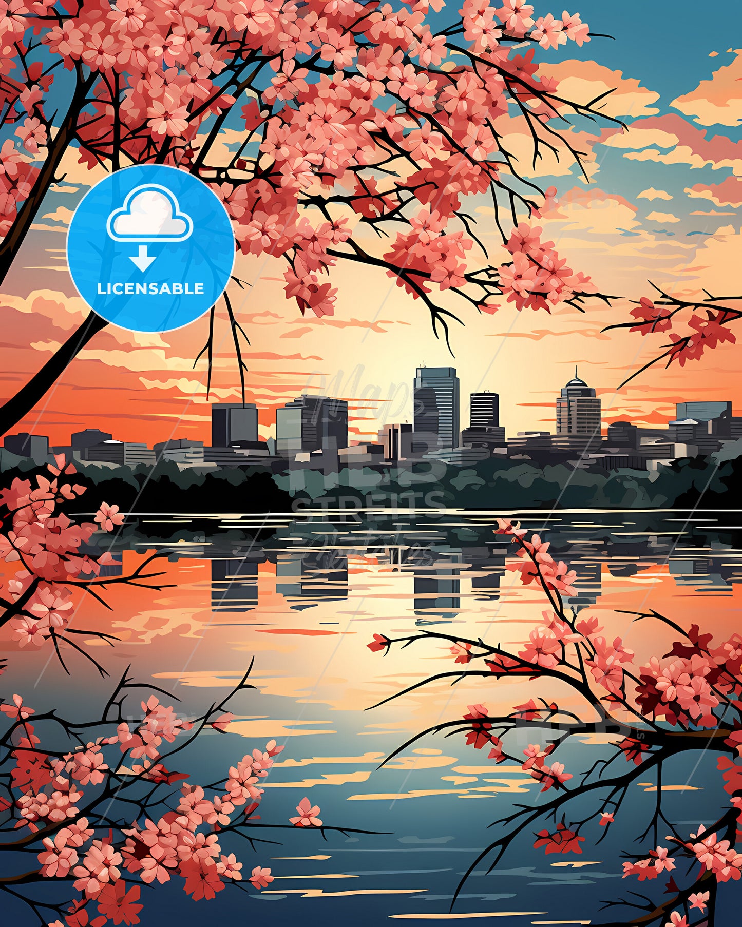 Hartford, Connecticut, a cityscape with pink flowers and water