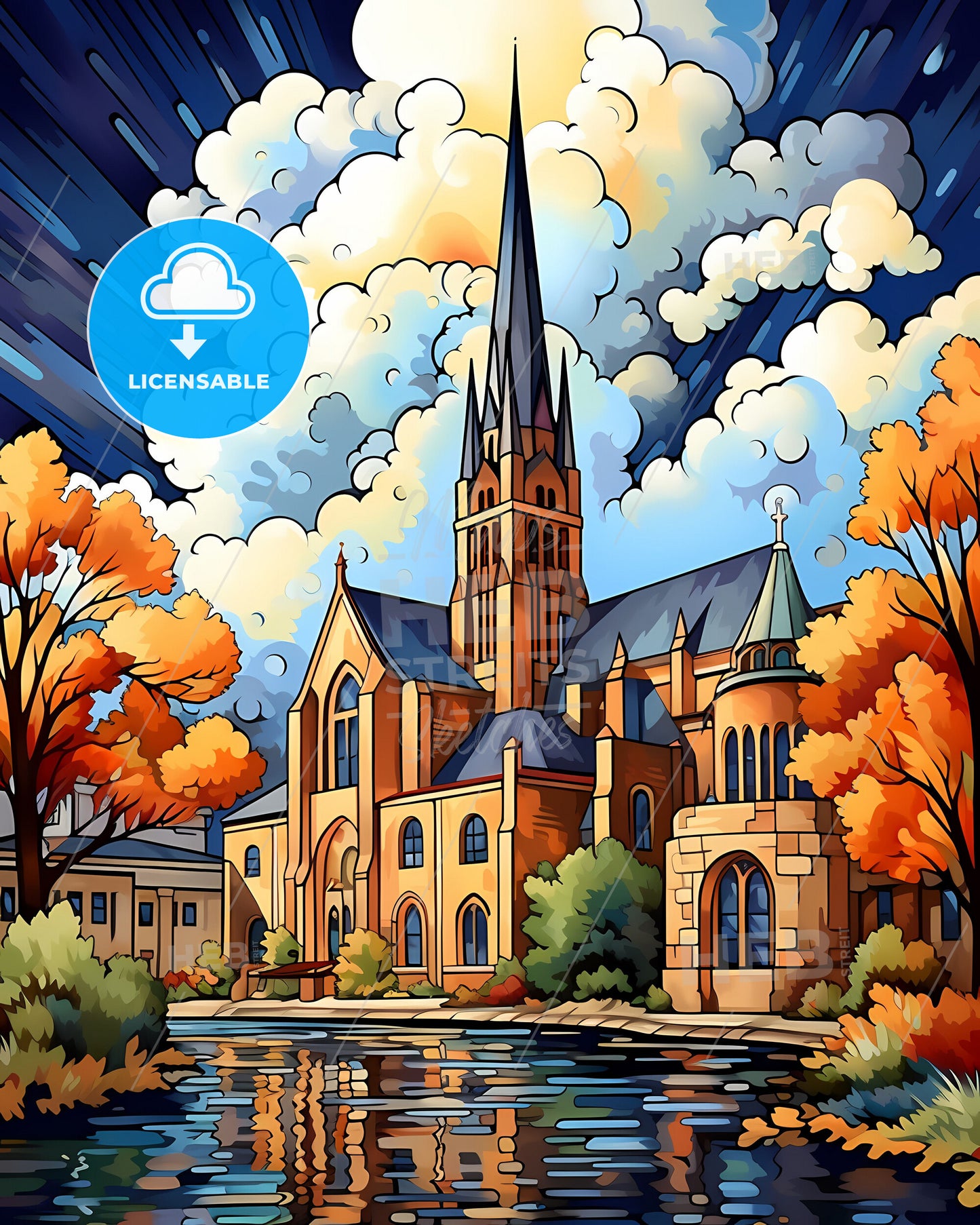 Waukesha, Wisconsin, a painting of a church with a lake and trees