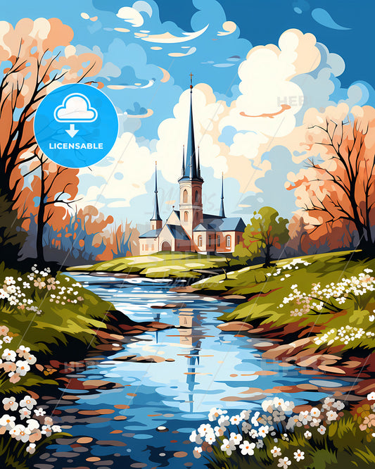 Lowell, Massachusetts, a painting of a church by a river