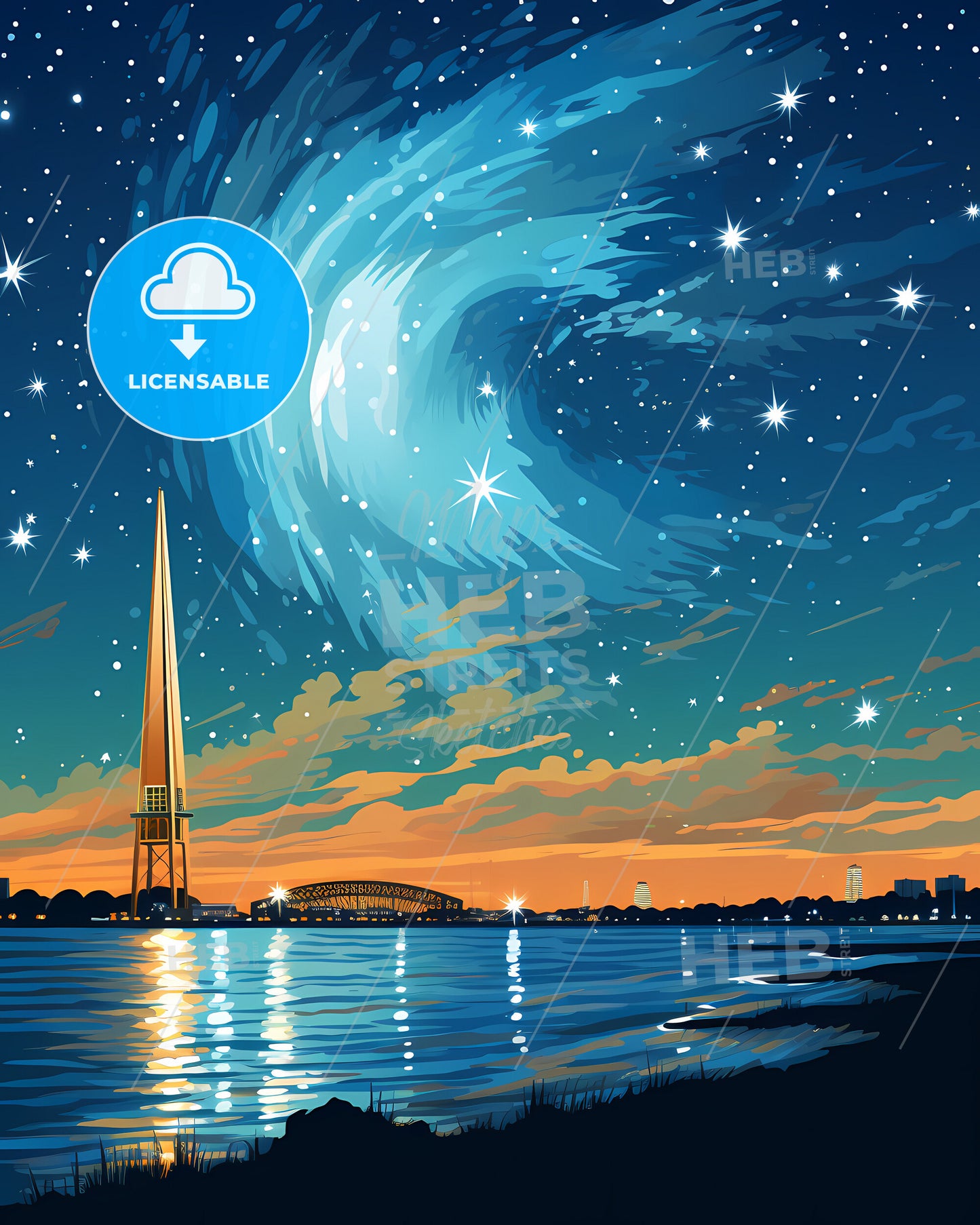Portsmouth, South East England, a starry sky over a city