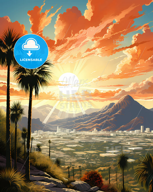 Hemet, California, a sunset over a city