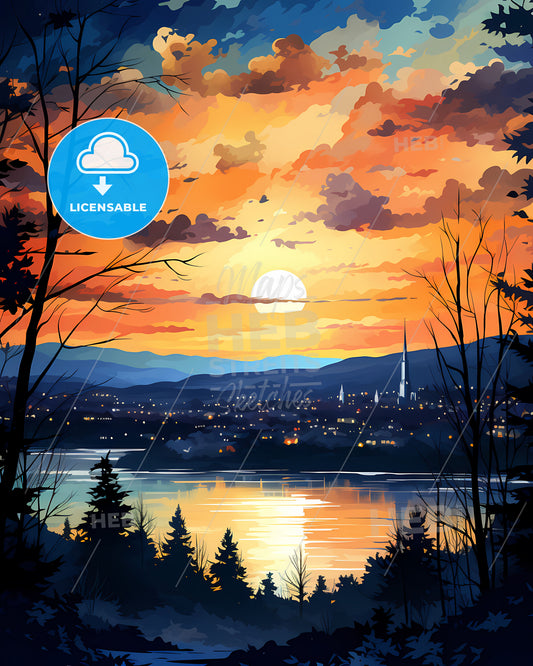 Lowell, Massachusetts, a sunset over a city