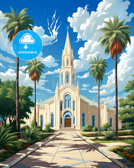 Baldwin Park, California, a church with palm trees and a path