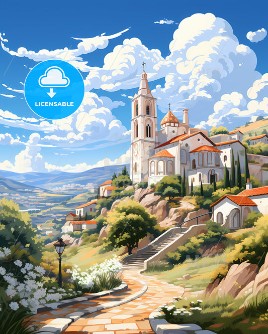 Castelo Branco, Portugal, a painting of a village with a church and trees