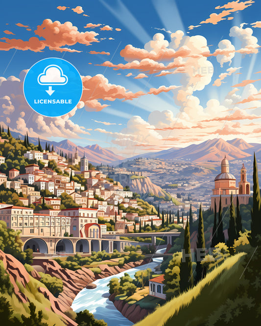 Cosenza, Italy, a painting of a town on a hill with trees and a bridge