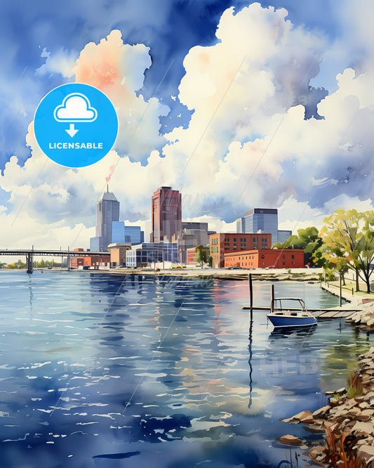 Baytown, Texas, a water with a boat and buildings in the background