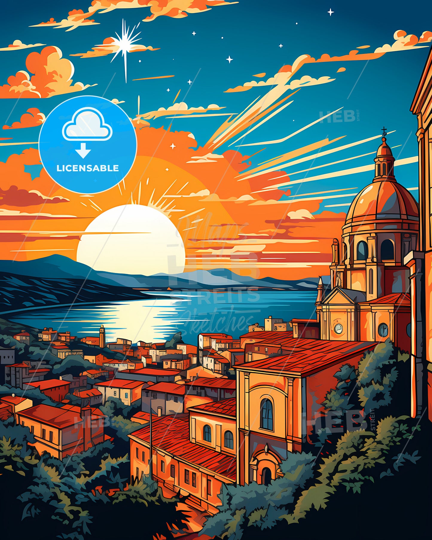 Crotone, Italy, a city with a large dome and a body of water with the sun behind it