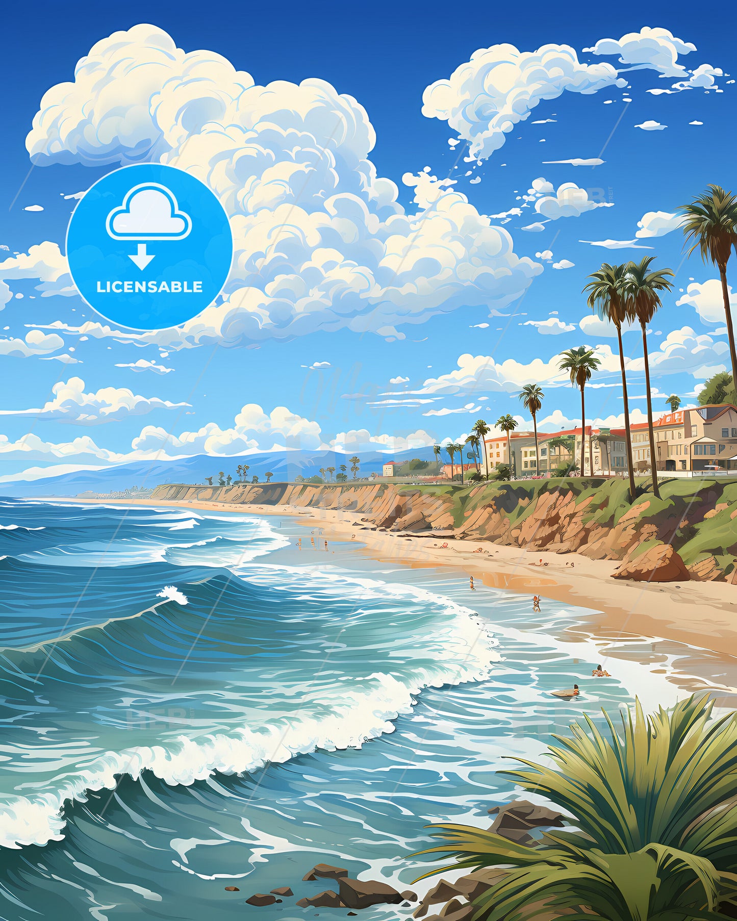 San Clemente, California, a beach with palm trees and buildings