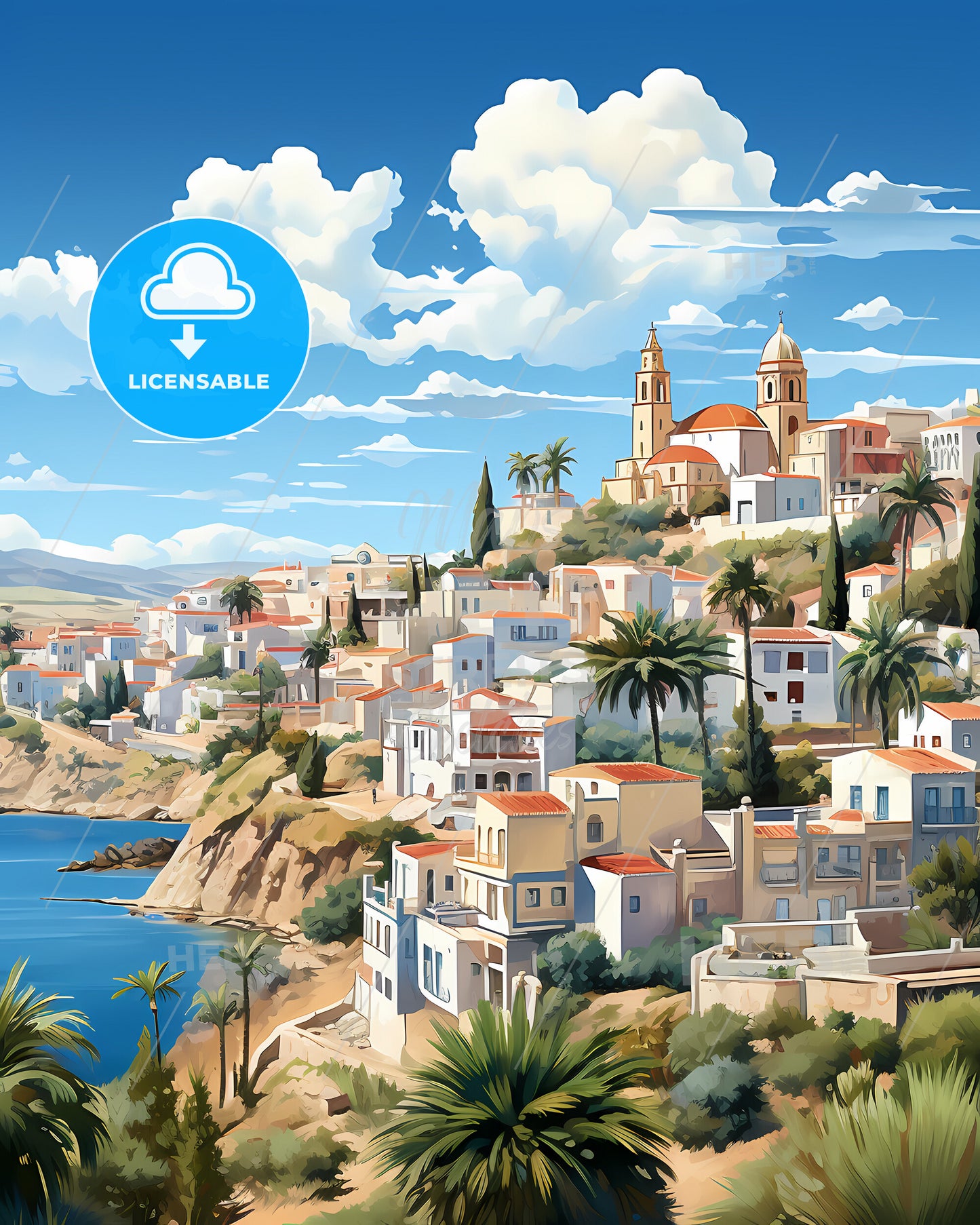 Faro, Portugal, a town on a hill with palm trees and a body of water