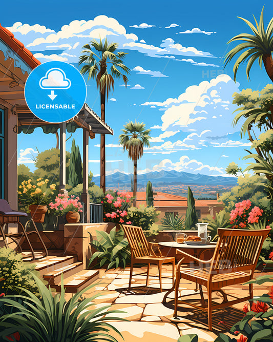 Lancaster, California, a patio with chairs and a table in front of a house