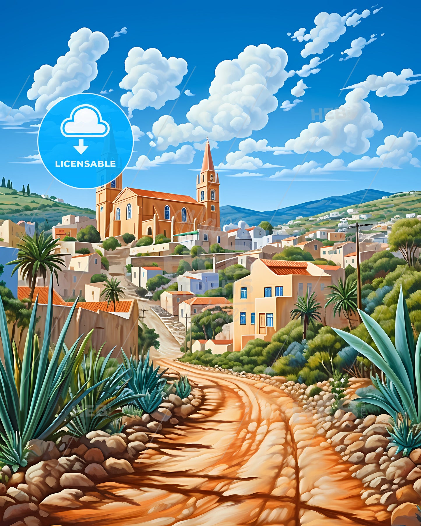 Bergen Op Zoom, Netherlands, a painting of a town with a dirt road and a church