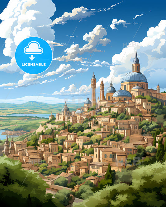 Pesaro, Italy, a city on a hill with trees and a blue sky