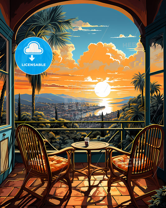 Newport Beach, California, a table and chairs on a balcony overlooking a city