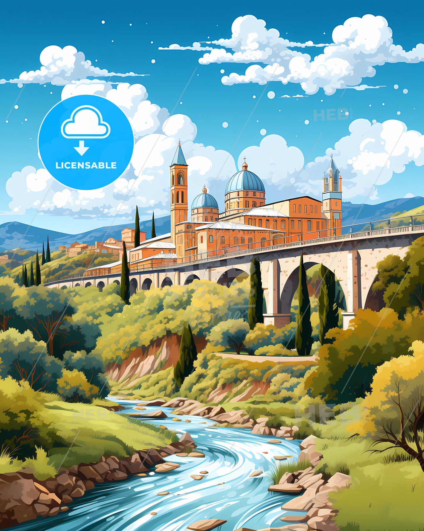 Terni, Italy, a bridge over a river with a castle and trees