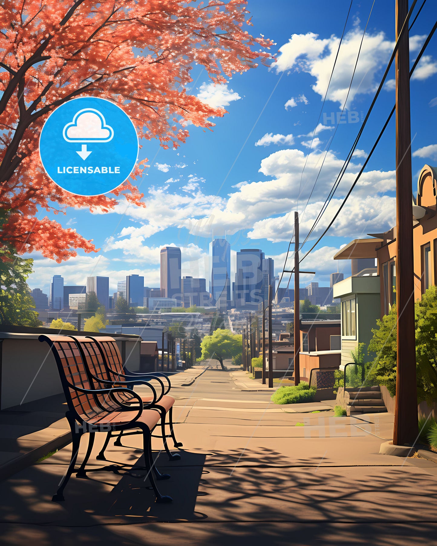 Vancouver, Washington, a bench on a sidewalk with trees and buildings in the background