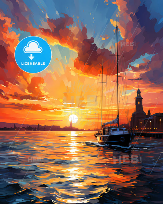 Istanbul, Turkey, a painting of a boat in the water at sunset