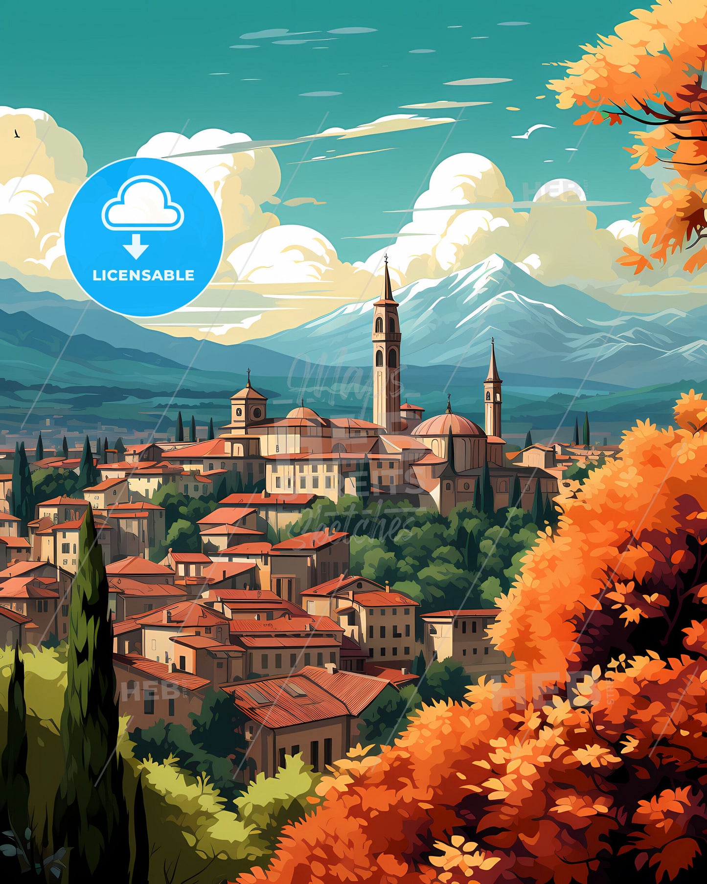 Vicenza, Italy, a city with towers and trees in front of mountains