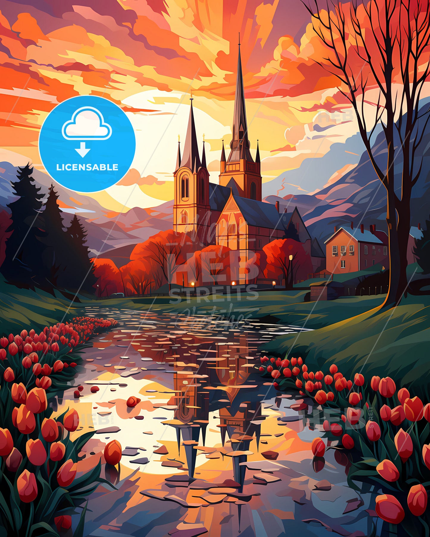 Trondheim, Norway, a painting of a church with tulips by a river