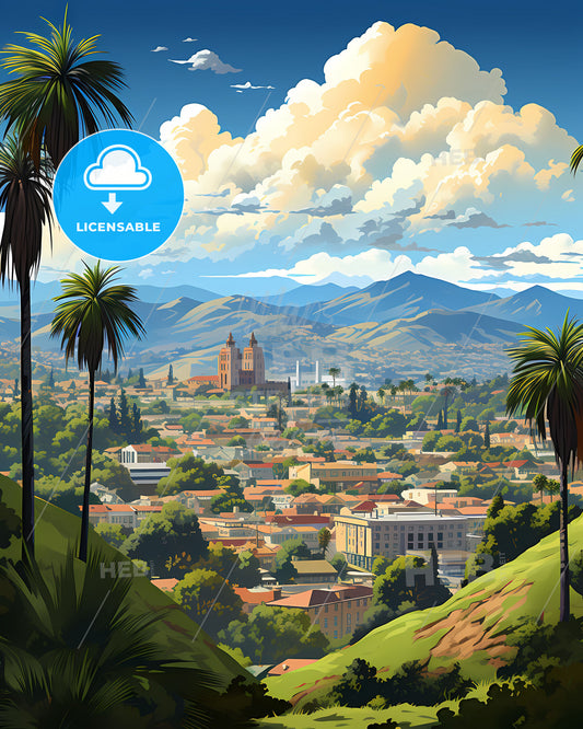 Thousand Oaks, California, a landscape of a city with palm trees and mountains