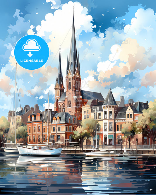 Krimpenerwaard, Netherlands, a watercolor painting of a city with a church and boats