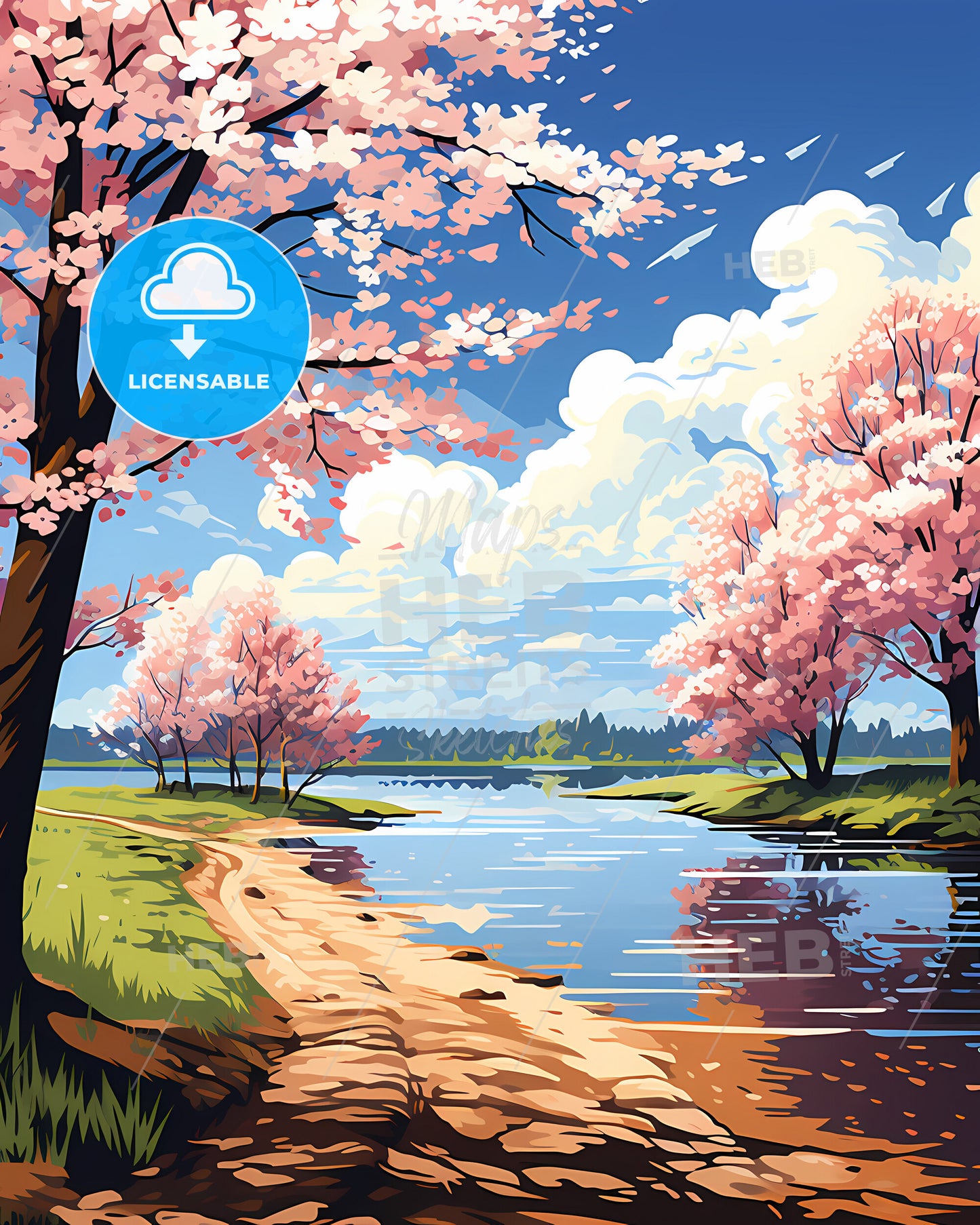 Maple Grove, Minnesota, a painting of a river with pink trees and a blue sky