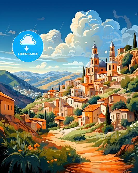 Modica, Italy, a painting of a village on a hill