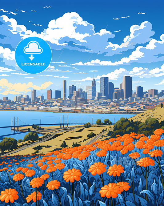 Alameda, California, a city landscape with orange flowers and a body of water