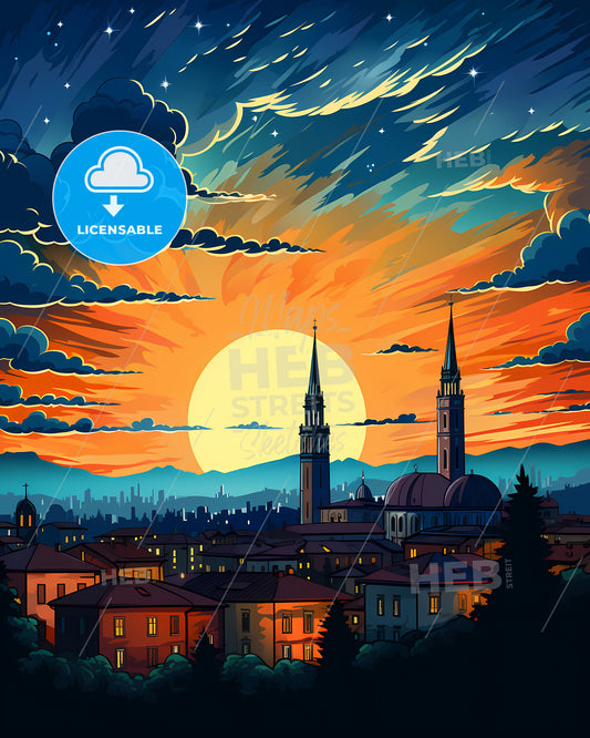 Piacenza, Italy, a city with a sunset