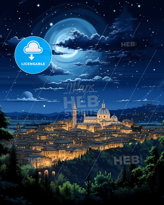 Cesena, Italy, a city lit up at night